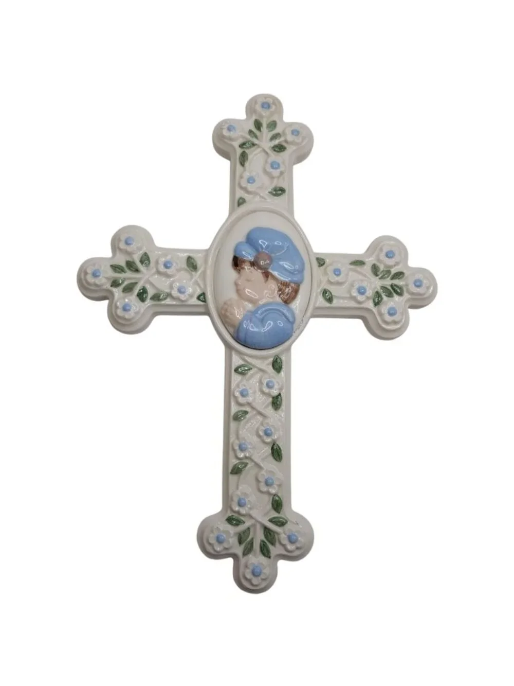 Vintage Ceramic Wall Cross Baby Boy Blue Baptism